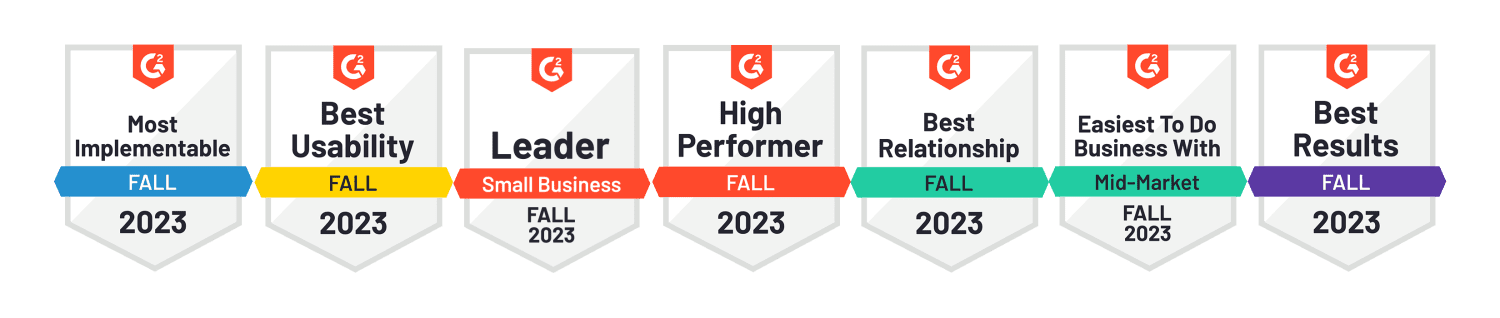G2 Fall 2023 badges for eZCom: Most Implementable, Best Usability, Leader in Small Business, High Performer, Best Relationship.