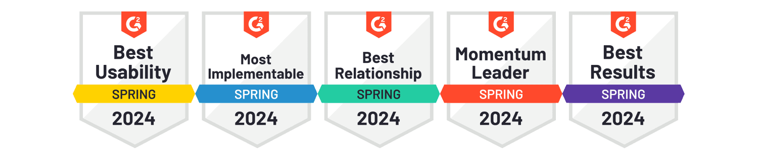 G2 Spring 2024 badges for eZCom: Best Usability, Most Implementable, Best Relationship, Momentum Leader, Best Results.