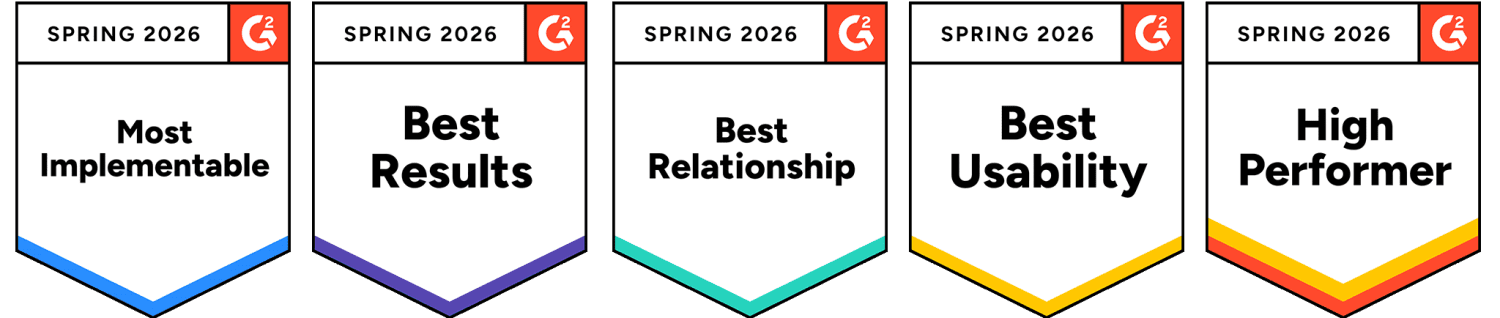 G2 Spring 2026 badges for eZCom: Most Implementable, Best Results, Best Relationship, Best Usability.