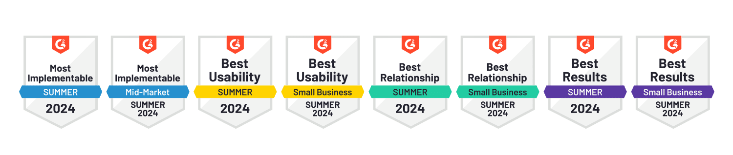 G2 Summer 2024 badges for eZCom: Most Implementable, Best Usability, Best Relationship, Best Results.