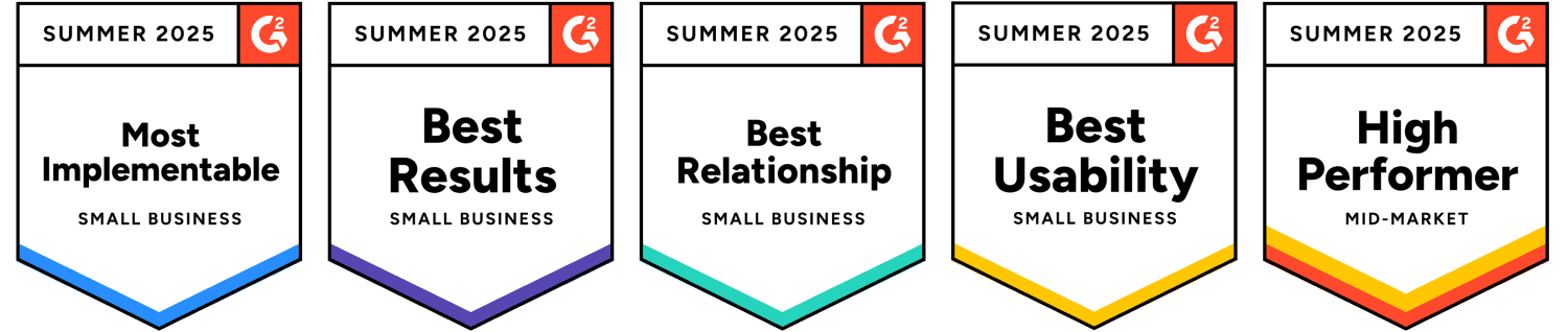 G2 Summer 2025 badges for eZCom: Most Implementable, Best Results, Best Relationship, Best Usability, High Performer.