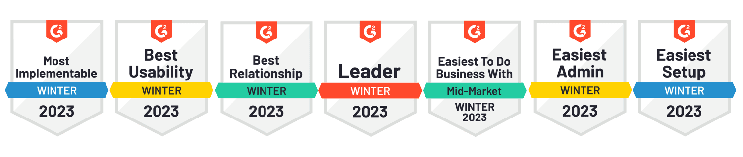 G2 Winter 2023 badges for eZCom: Most Implementable, Best Usability, Best Relationship, Leader, Easiest to Do Business With.