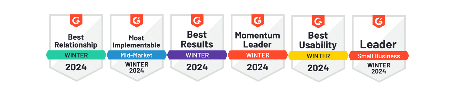 G2 Winter 2024 badges for eZCom: Best Relationship, Most Implementable, Best Results, Momentum Leader, Best Usability, Leader for Small Business.
