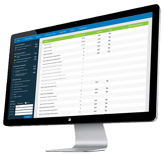 Computer monitor displaying eZCom Software's Lingo platform interface, featuring EDI integration options and administrative settings for seamless electronic data interchange solutions.