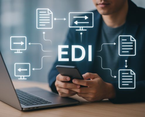 Person Using Smartphone with EDI Concept in Modern Workspace