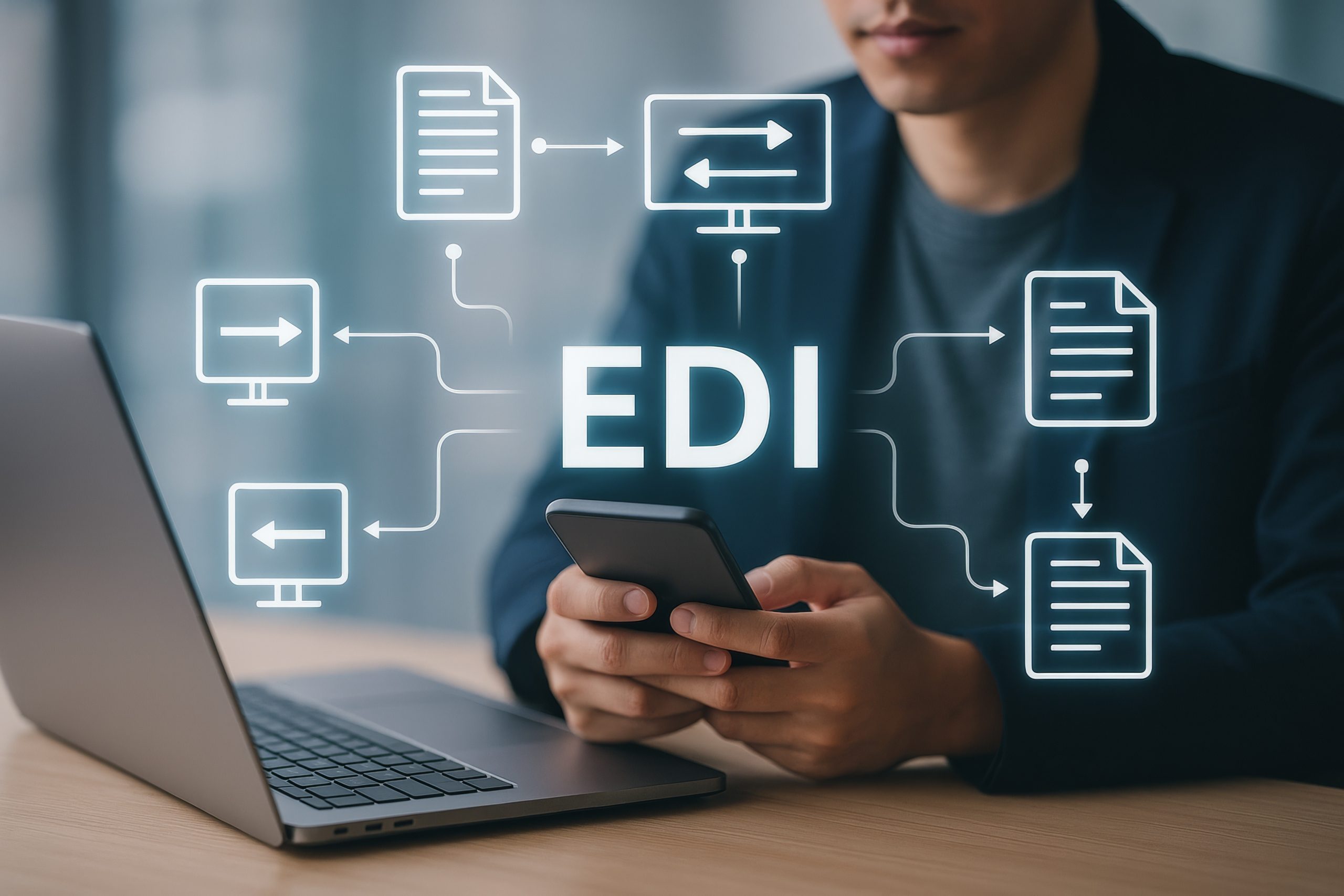 Person Using Smartphone with EDI Concept in Modern Workspace