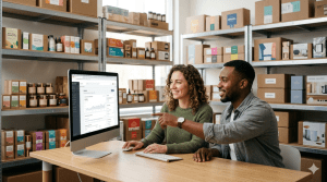 People on a computer with products in the background