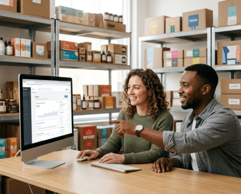 People on a computer with products in the background